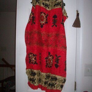 Vintage Ride Red Turtle Batik Maxi Skirt L | Hawaii Rayon Boho Beach Wrap Sarong